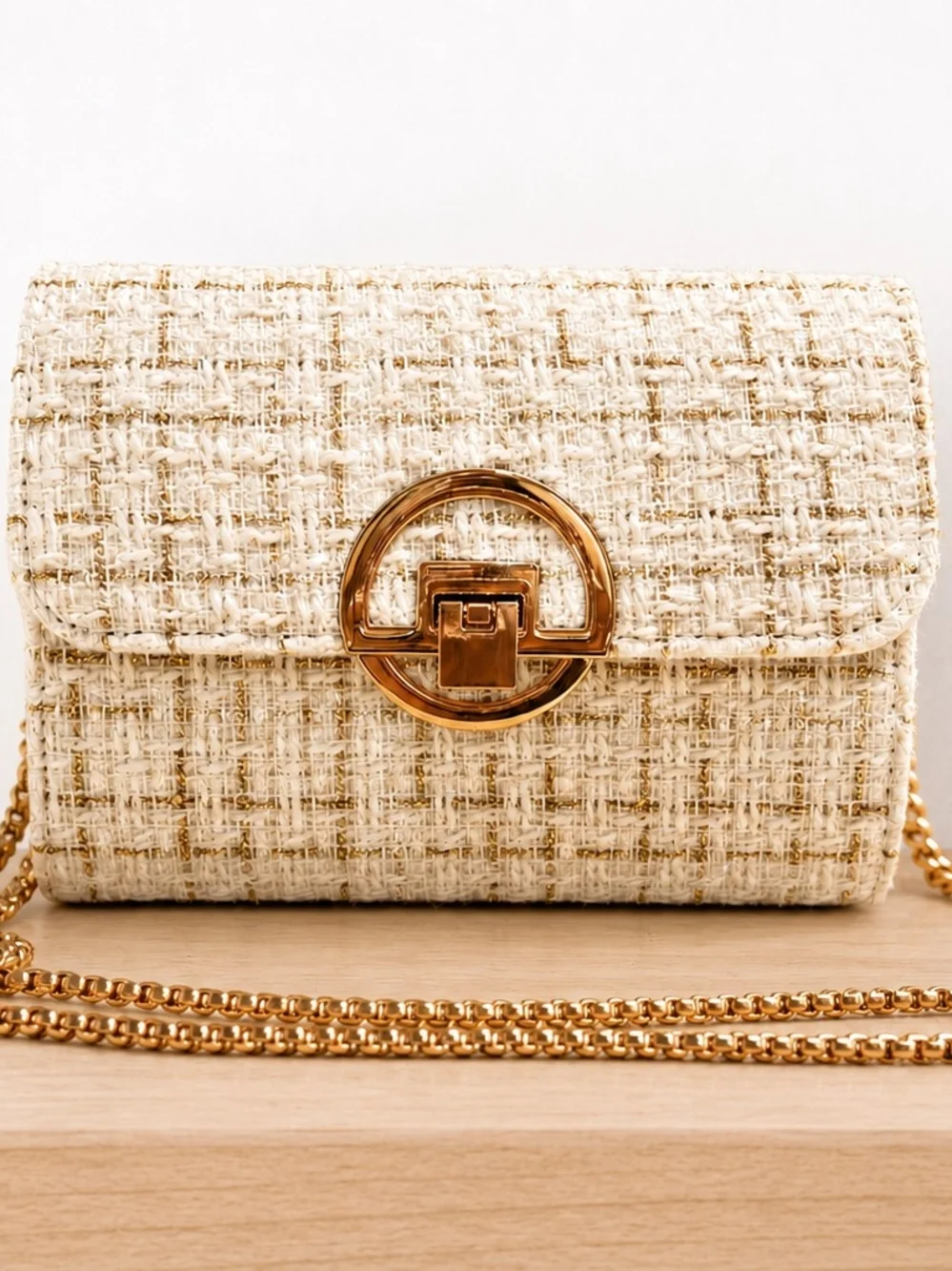 Elegant White Tweed Crossbody Bag with Gold Hardware